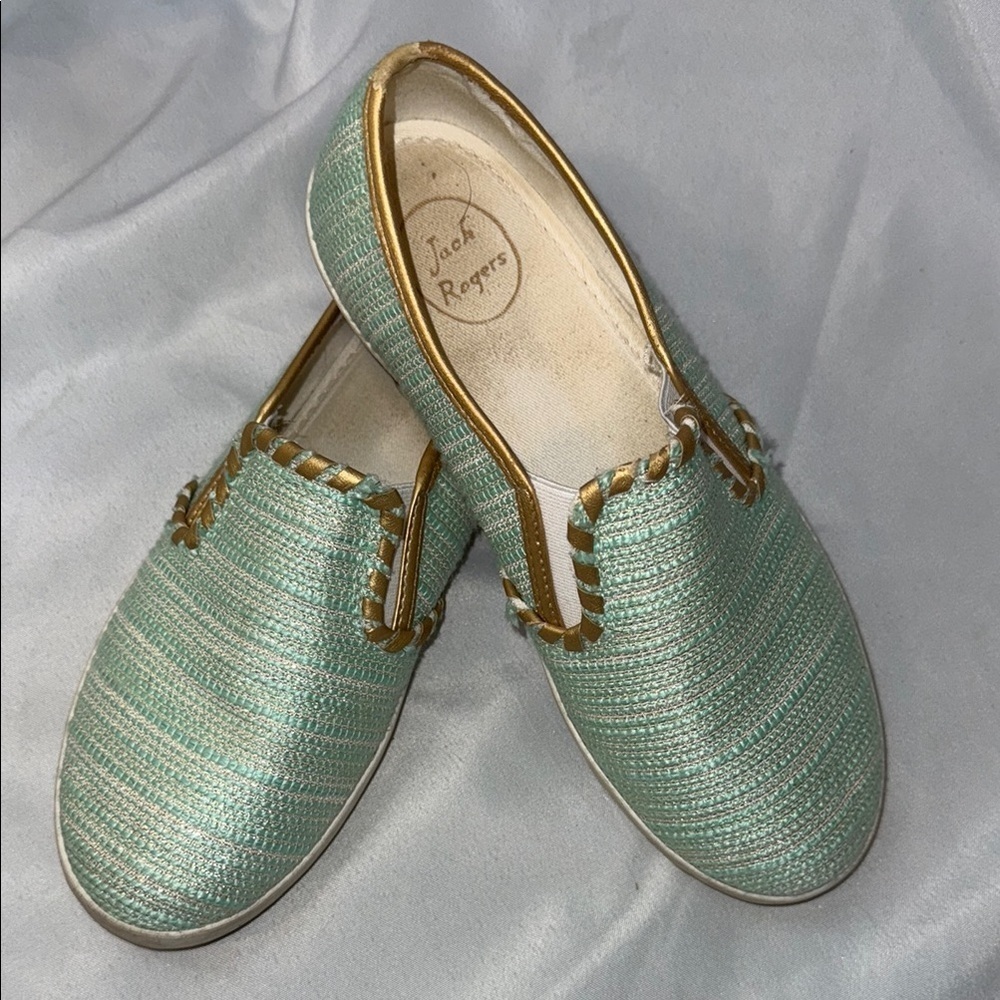 Jack Rogers Women's Mint Green & Gold Slip-On Sneakers, Size 7.5M, **READ**